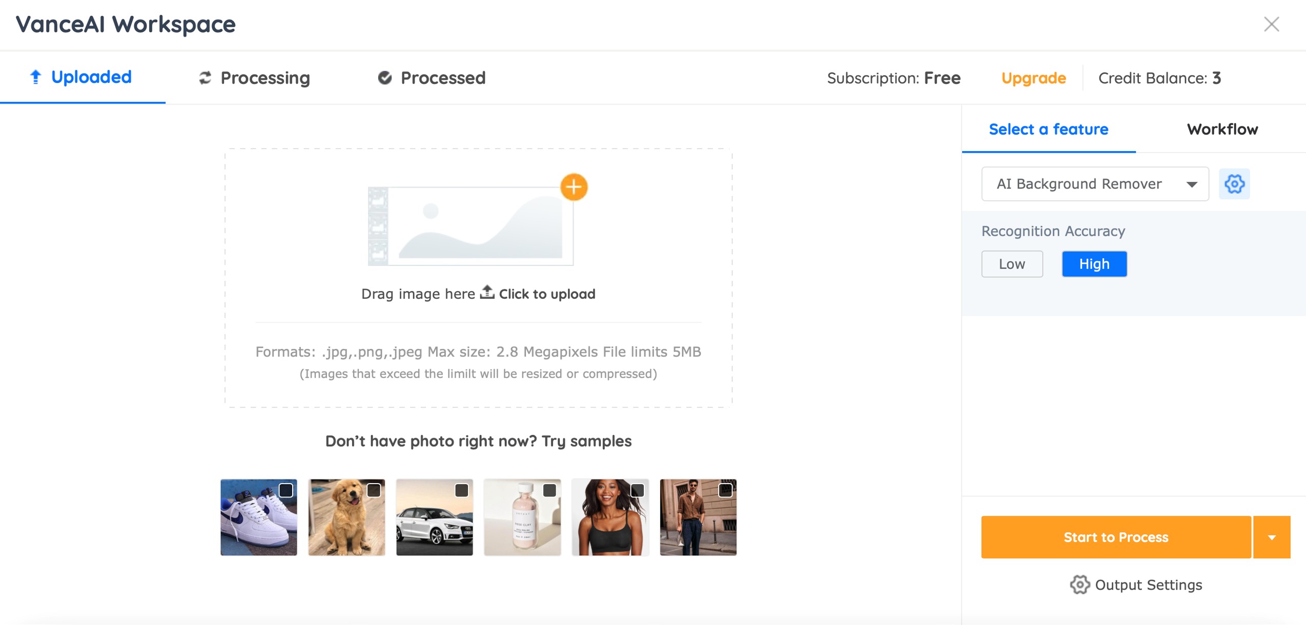 VanceAI Workspace с AI Background Remover и параметром Recognition Accuracy