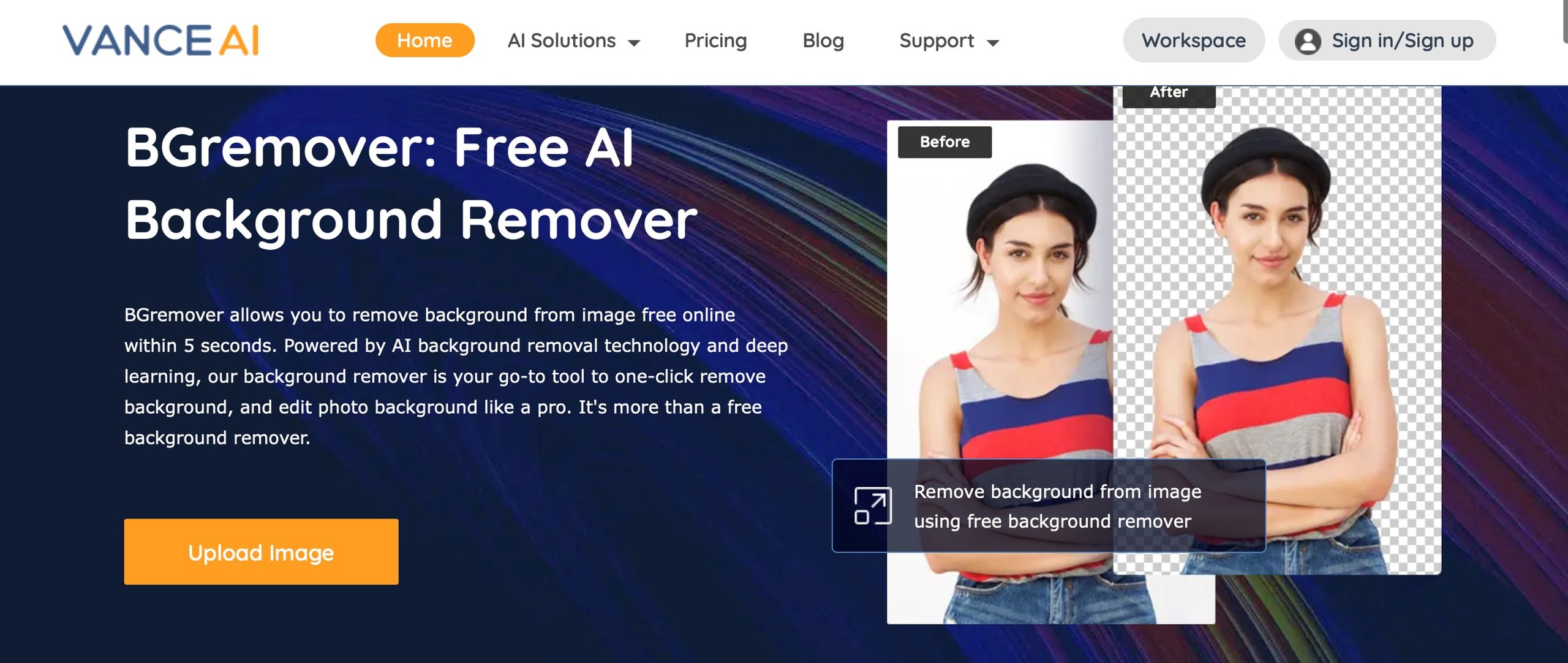 Старая главная страница BGremover Free AI Background Remover с Upload Image