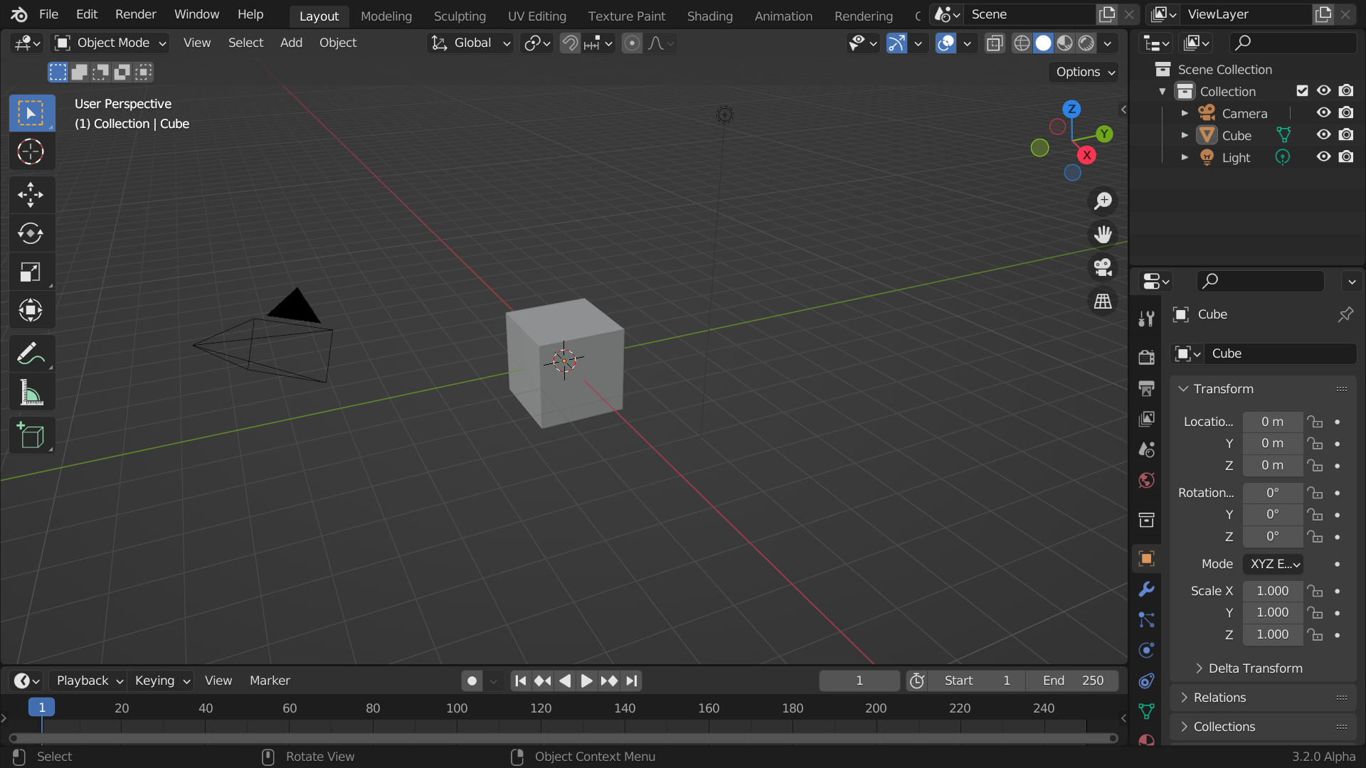 Стандартное окно Blender с 3D Viewport, Outliner, Properties и Timeline