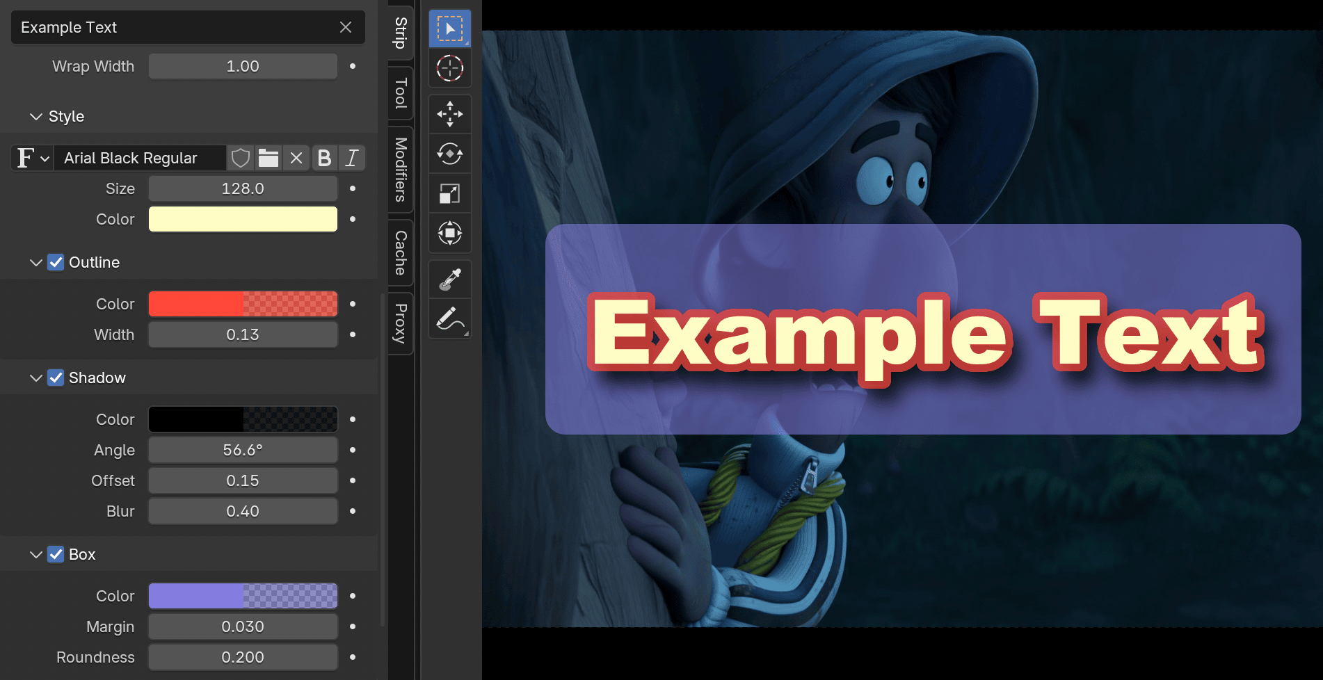 Пример Text Strip в Blender Video Sequencer с текстом в окне предпросмотра