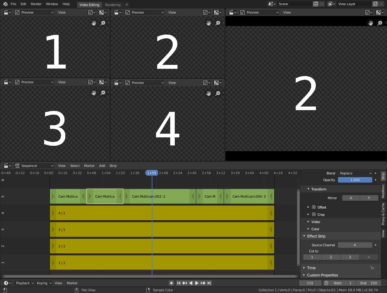Мультикамерный монтаж Blender VSE с несколькими окнами Preview и Multicam Selector на таймлайне