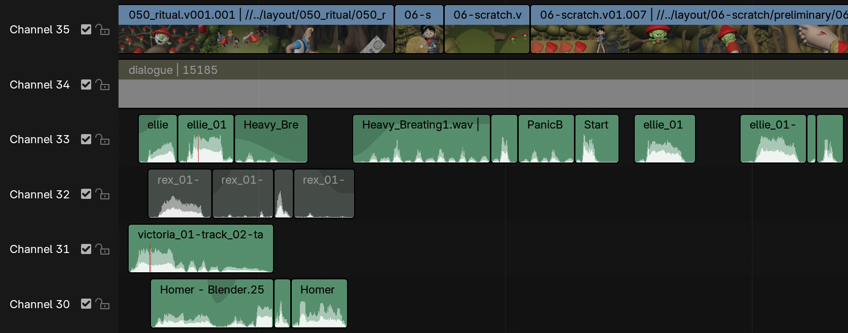 Пример монтажа звука в Blender VSE со звуковыми полосами и waveform на таймлайне