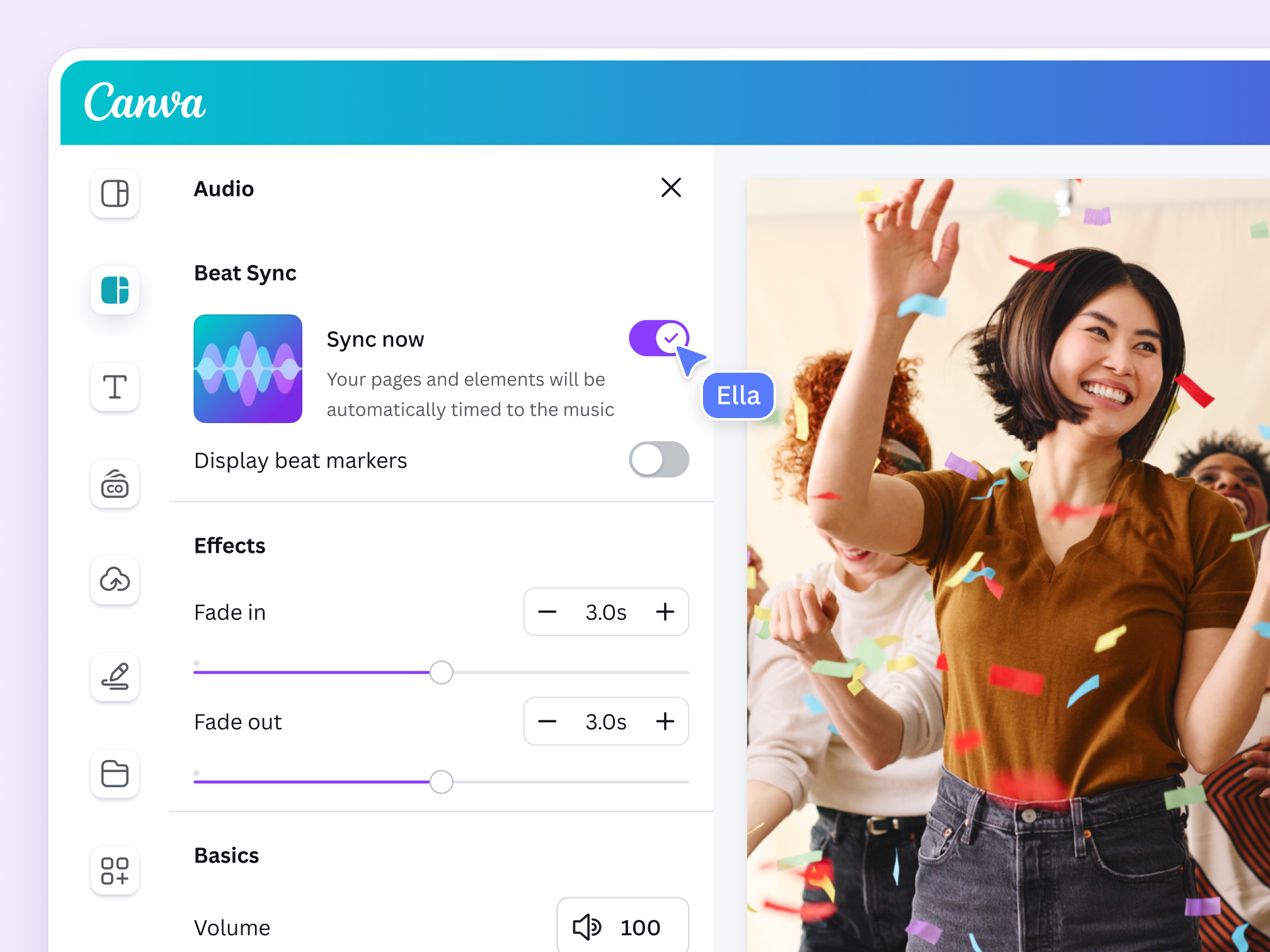 Панель Beat Sync Canva с автосинхронизацией, маркерами ритма и настройками звука