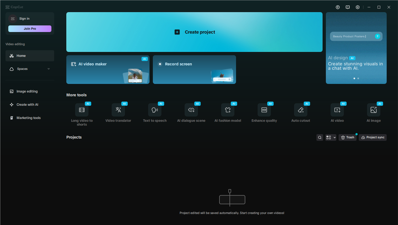 Стартовый экран CapCut Desktop с кнопкой Create project и инструментами