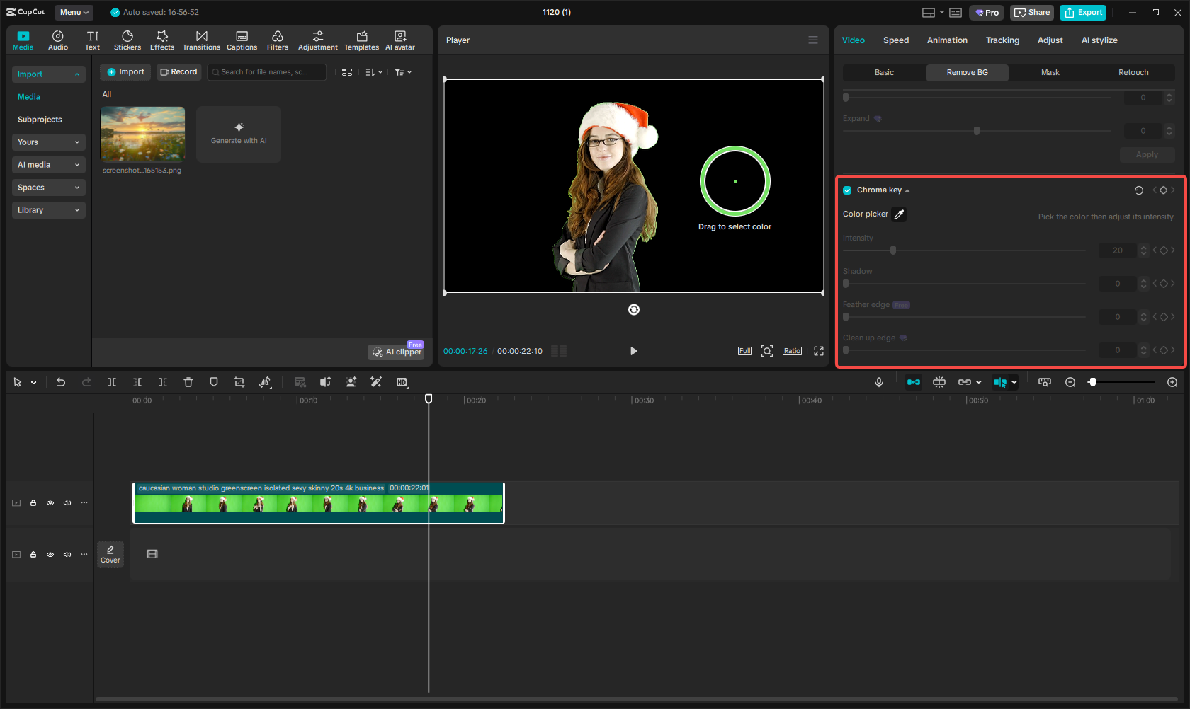 Chroma key в CapCut Desktop для удаления зелёного фона