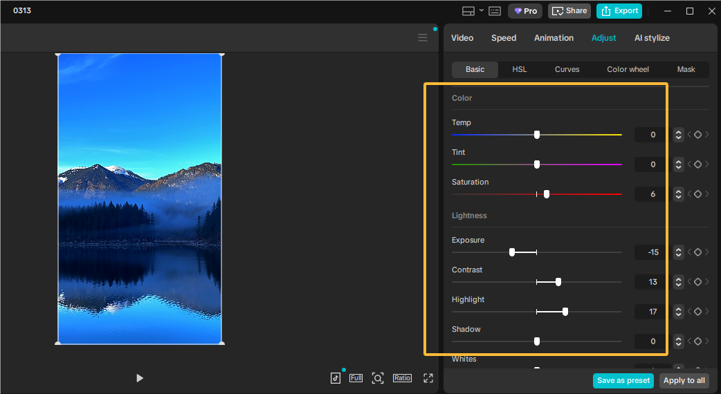 Панель Adjust в CapCut Desktop с Exposure, Contrast, Highlight и Shadow