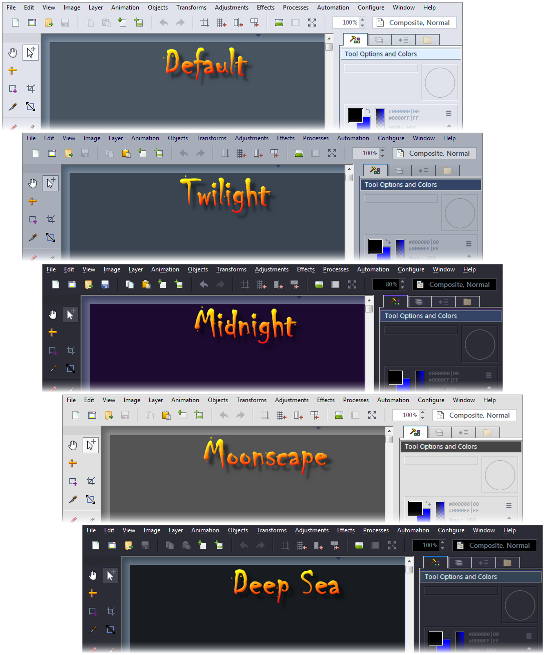 Варианты цветовых тем интерфейса Chasys Draw IES: Default, Twilight, Midnight, Moonscape и Deep Sea