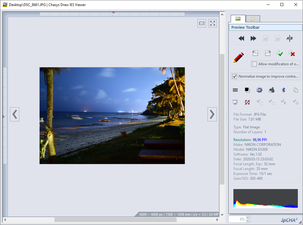 Chasys Draw IES Viewer с фотографией, панелью навигации, EXIF-данными и гистограммой