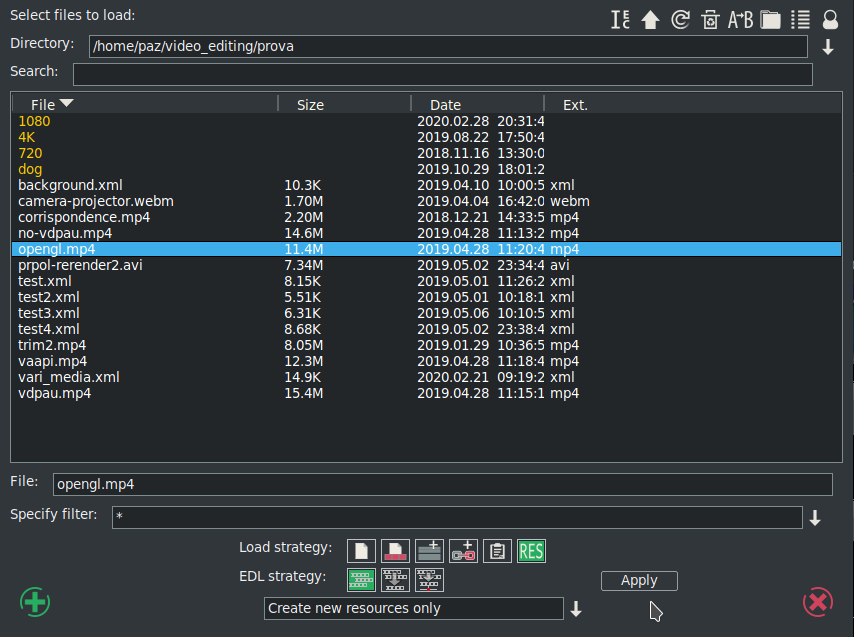 Диалог Load Files Cinelerra-GG с выбором файлов, фильтром и стратегией загрузки