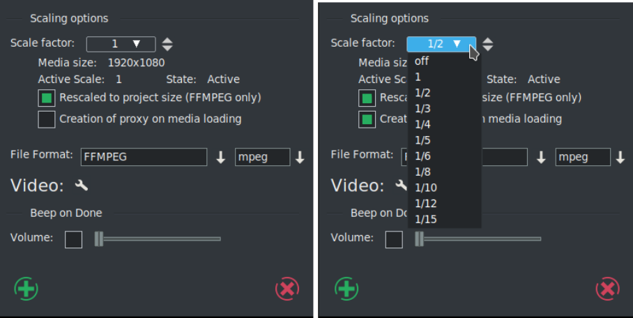 Окно Proxy settings Cinelerra-GG с коэффициентом масштаба и параметрами FFmpeg
