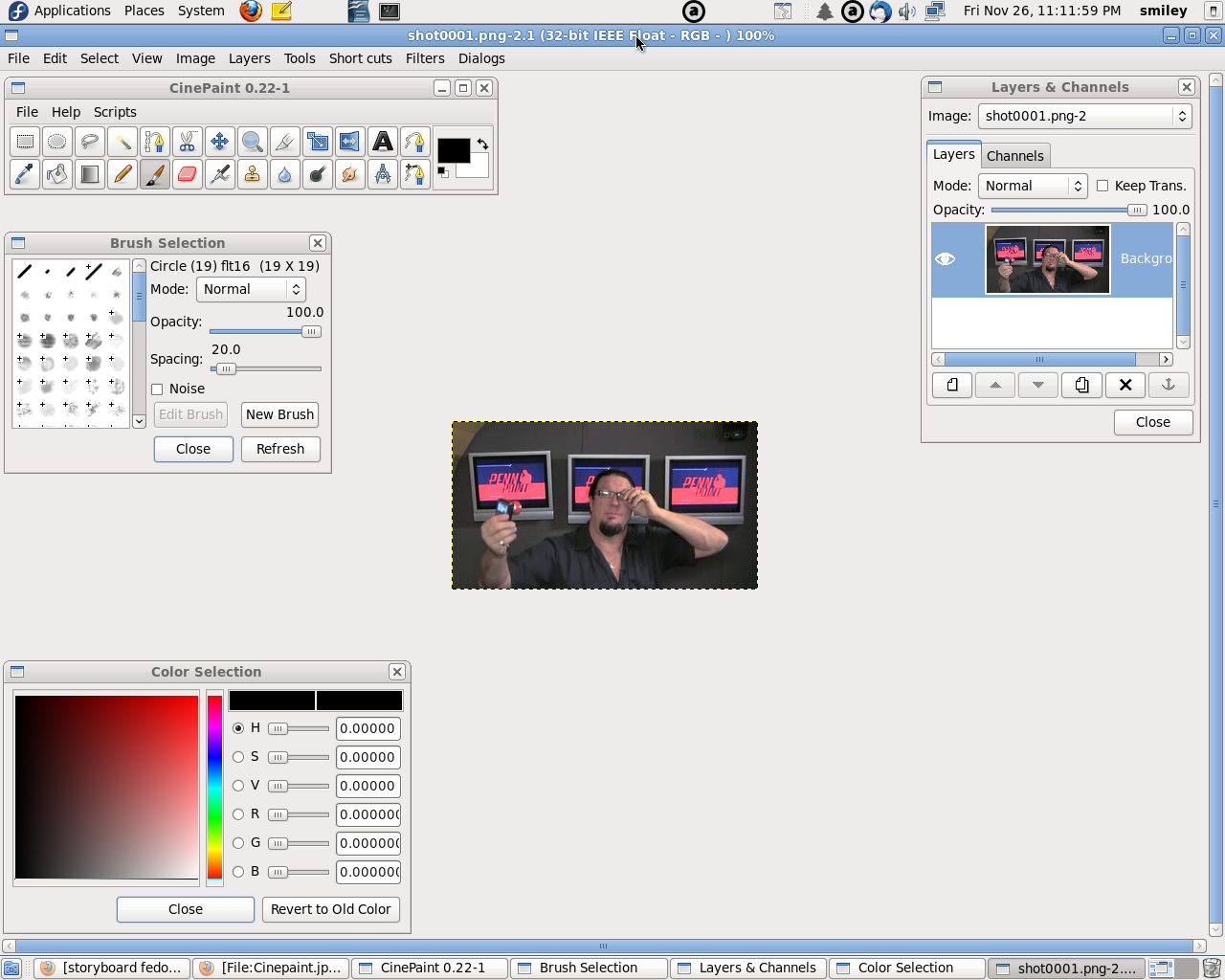 CinePaint 0.22 в Fedora: окно кадра, Layers & Channels, Brush Selection и Color Selection