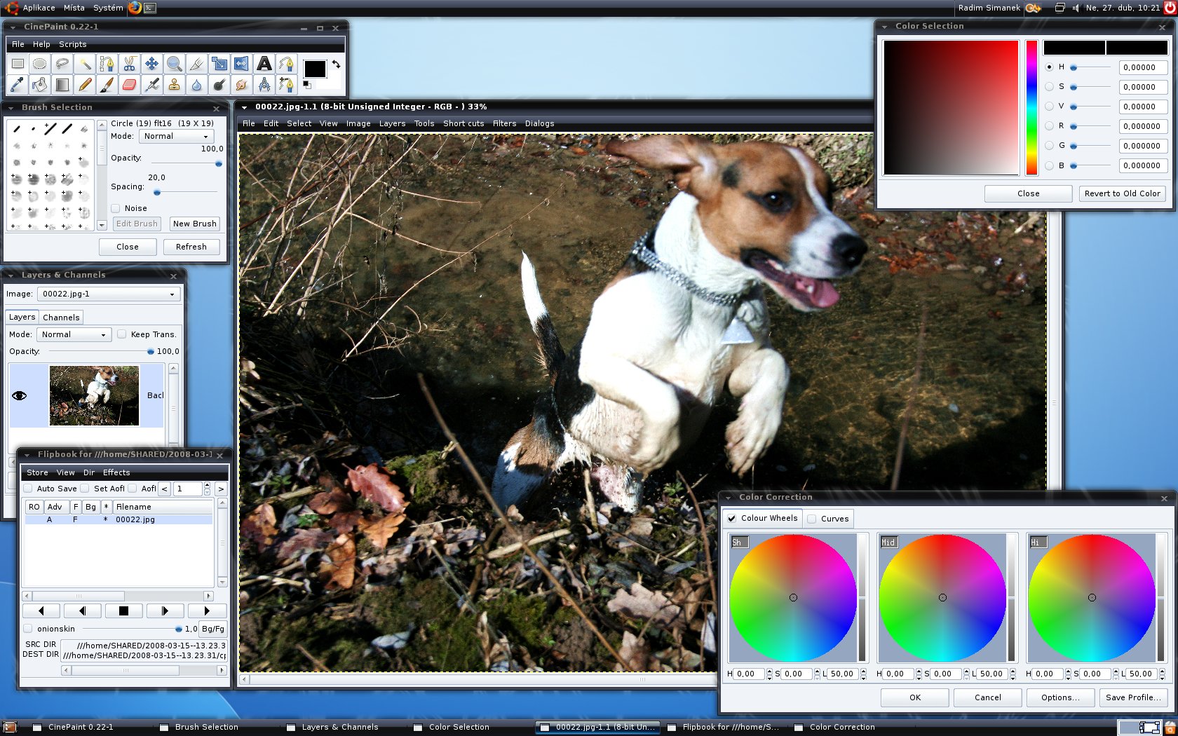 CinePaint 0.22-1: кадр с собакой и Color Correction с тремя цветовыми колёсами