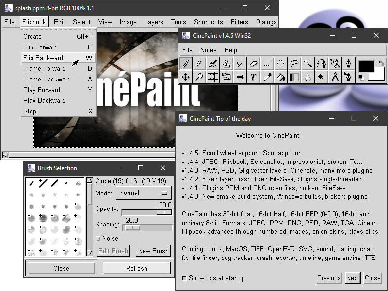 CinePaint 1.4.5 в Windows 10: открыто меню Flipbook с навигацией и воспроизведением кадров