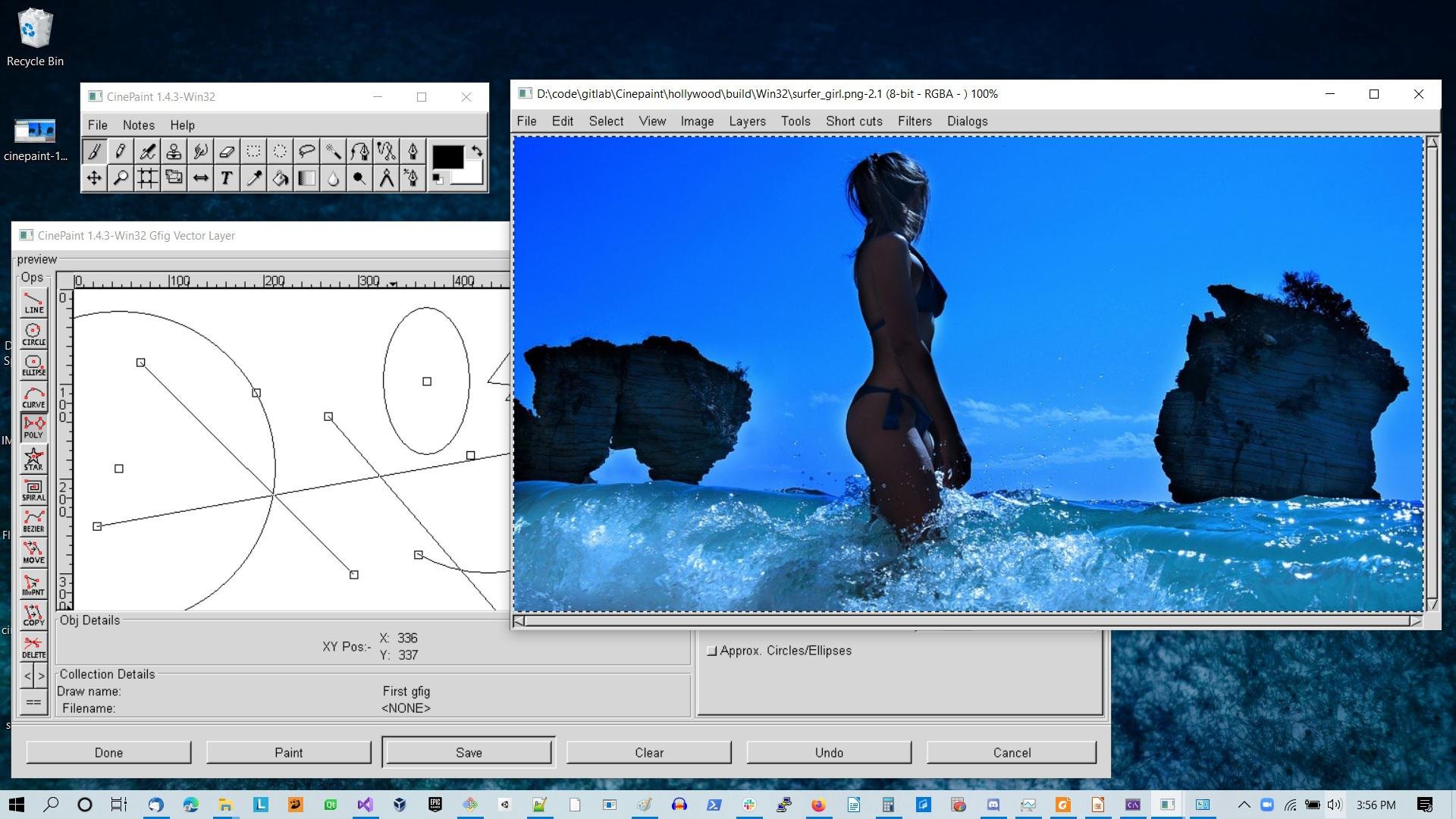 CinePaint 1.4.3 Win32: Gfig Vector Layer с кривыми, окружностями и контрольными точками рядом с изображением