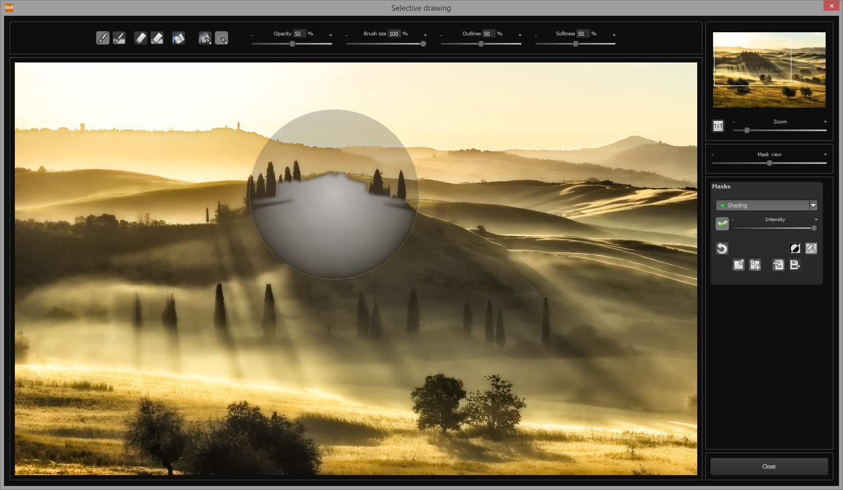 Окно Selective Drawing в COLOR projects Professional с кистью, маской и настройками мягкости и непрозрачности