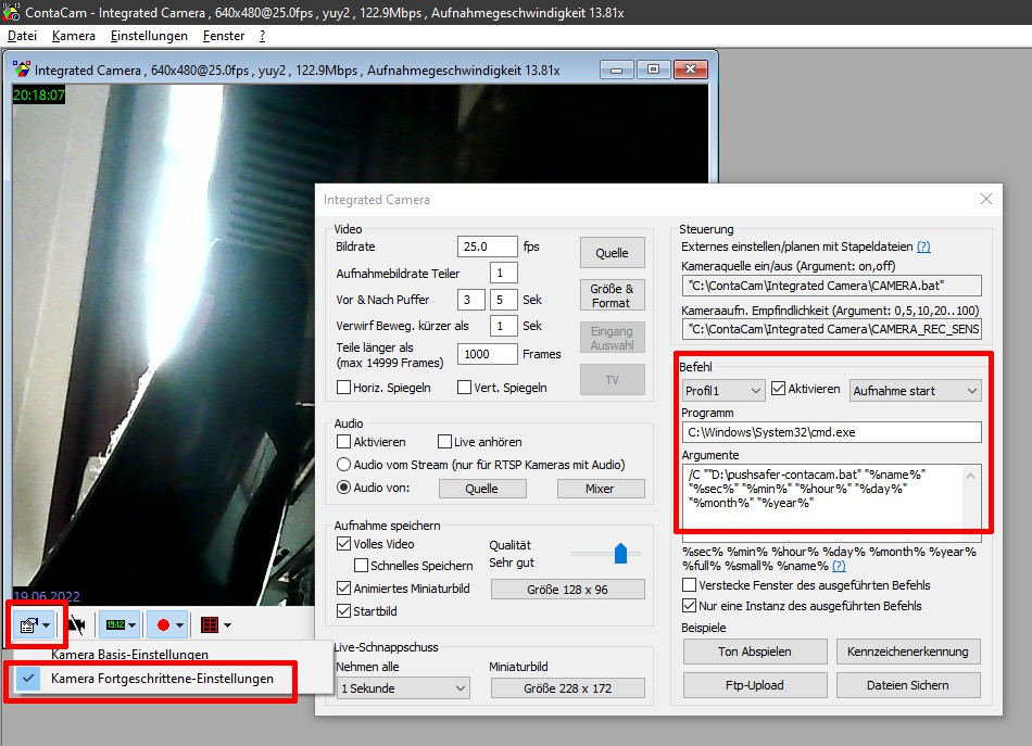 Camera Advanced Settings в ContaCam с параметрами видео, сохранения и внешней команды