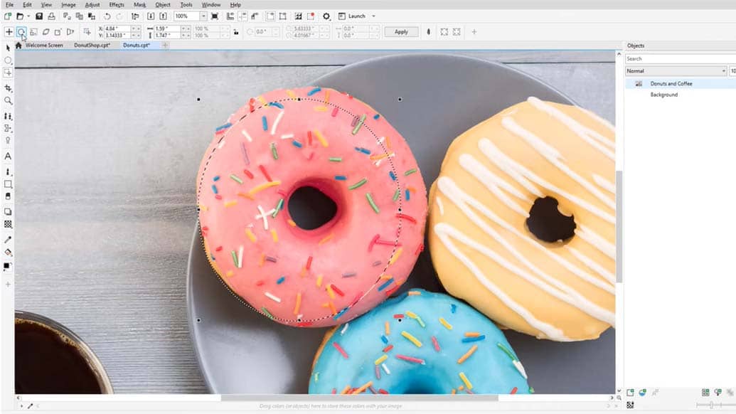 Окно Corel PHOTO-PAINT с фотографией пончиков, активной маской и панелью Objects