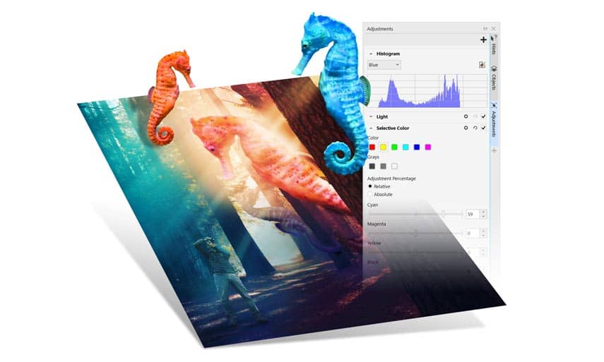 Панель Adjustments в Corel PHOTO-PAINT на Windows с коррекциями изображения