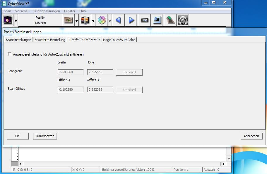 Вкладка Standard-Scanbereich в CyberView X5 с шириной, высотой и смещениями области сканирования