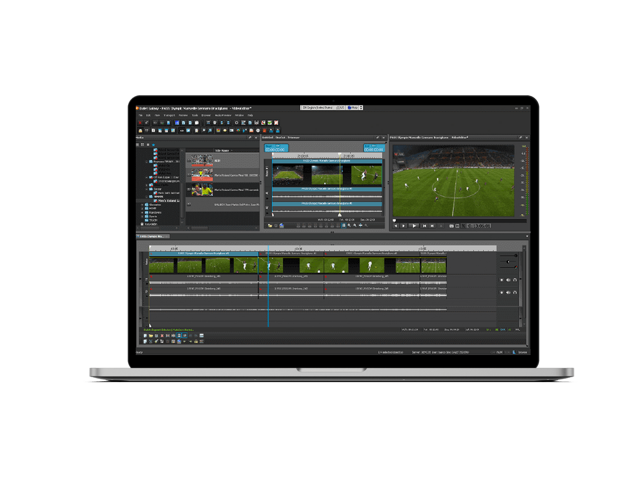 Dalet OneCut для спортивного видеомонтажа с браузером клипов, viewer и таймлайном