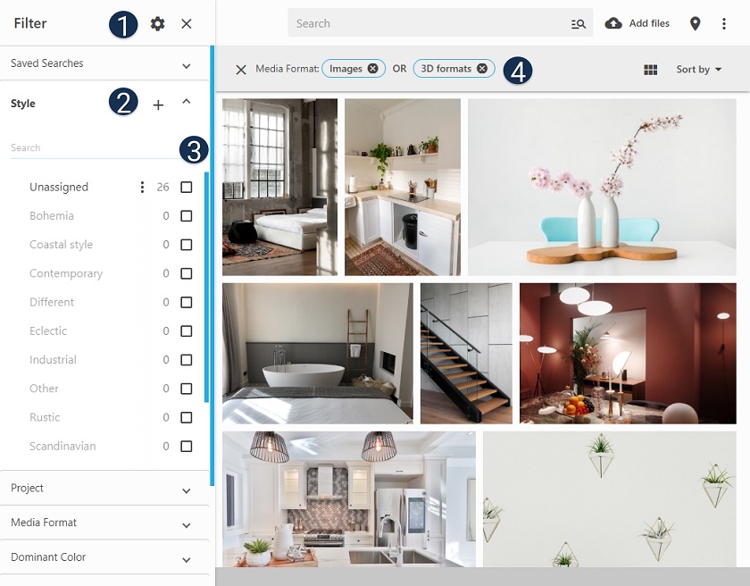 Панель фильтров и тегов в Daminion Web Client