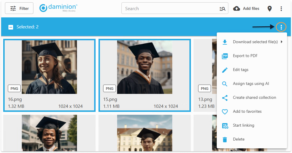 Команда генерации AI-тегов для выбранных материалов в Daminion Web Client
