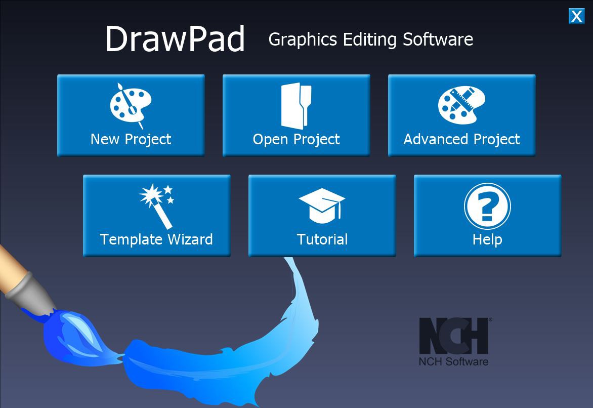 Стартовое окно DrawPad с кнопками New Project, Open Project, Advanced Project, Template Wizard, Tutorial и Help