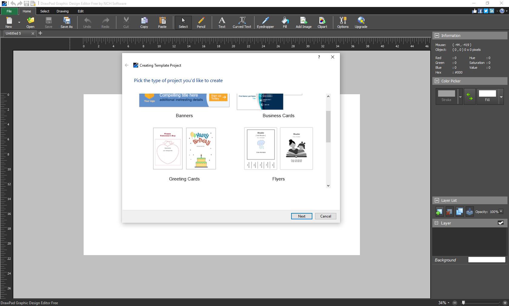 Мастер шаблонов DrawPad с категориями Banners, Business Cards, Greeting Cards и Flyers
