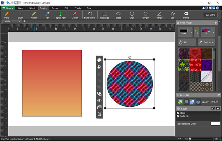 Рабочее окно DrawPad с градиентным прямоугольником, узорным кругом, Color Picker и Layer List