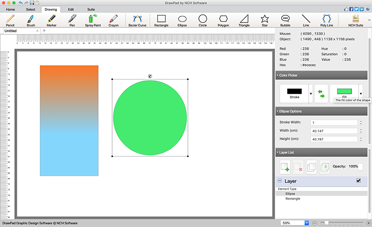 DrawPad на macOS: градиентный прямоугольник, выделенный круг и параметры фигуры справа