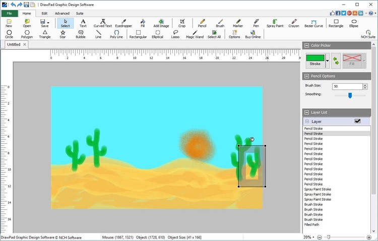 Свободный рисунок пустыни в DrawPad с Pencil Options, Color Picker и списком штрихов в слоях