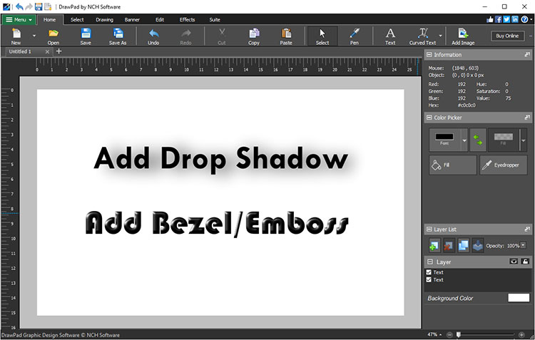 Текстовые элементы DrawPad с примерами Drop Shadow и Bevel/Emboss