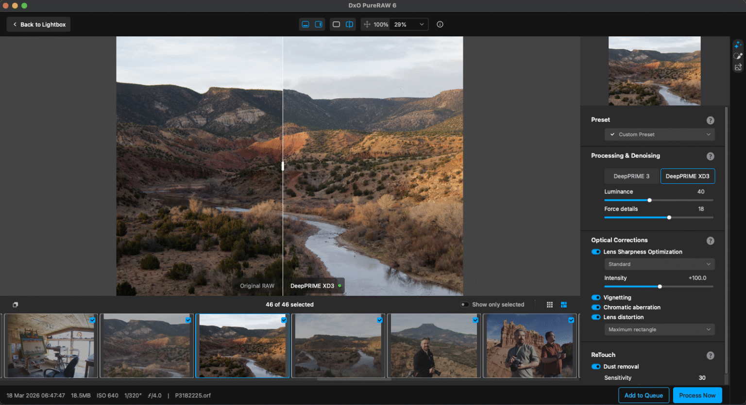 Окно Process with Preview DxO PureRAW 6 со Split view и настройками DeepPRIME XD3