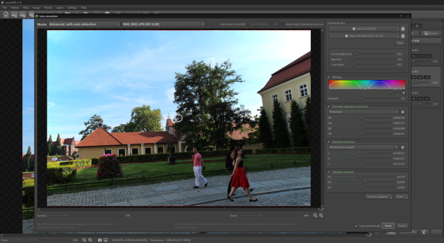 Инструмент Lens correction в EasyHDR поверх фотографии