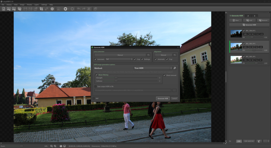 Окно Generate HDR в EasyHDR с настройками метода объединения и фильтра шума