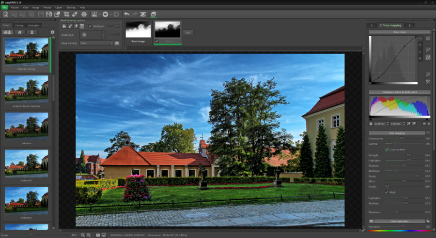 Рабочее окно tone mapping EasyHDR с локальной обработкой и слоями