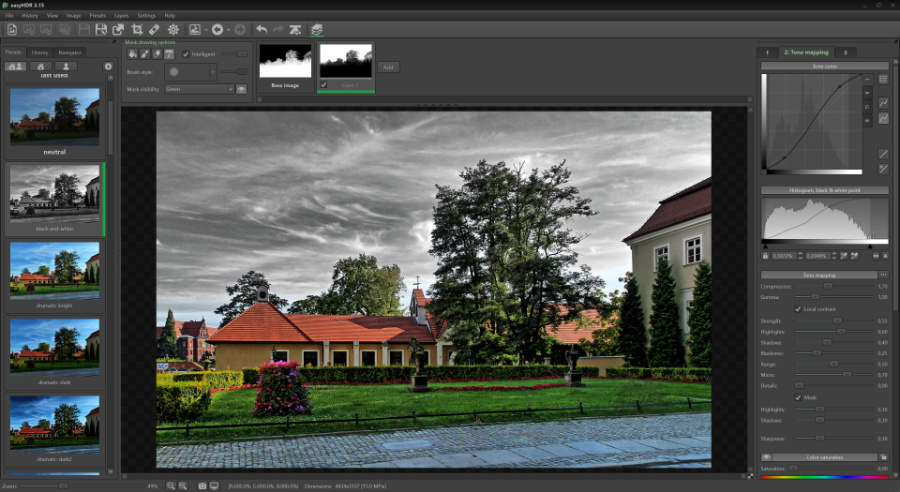 Настройки цветовой коррекции EasyHDR с выбором оттенка и параметрами баланса