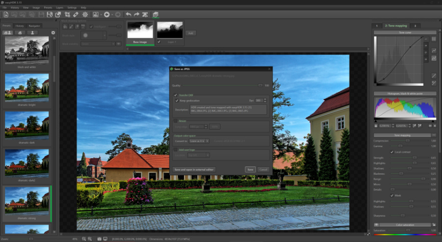Диалог сохранения результата EasyHDR с параметрами выходного файла