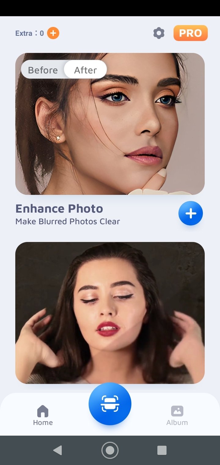 Главный экран EnhanceFox с карточкой Enhance Photo и кнопкой добавления фотографии