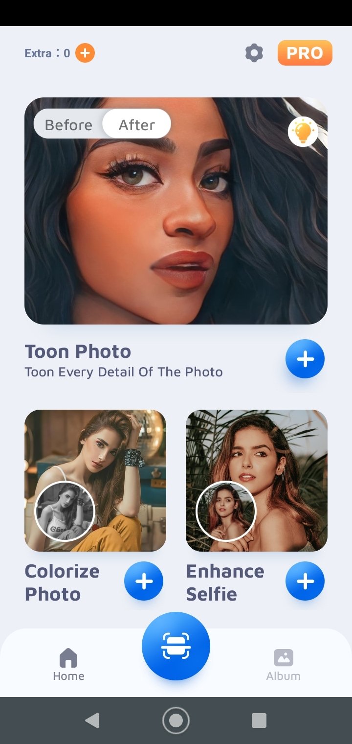 Главный экран EnhanceFox с инструментами Toon Photo, Colorize Photo и Enhance Selfie