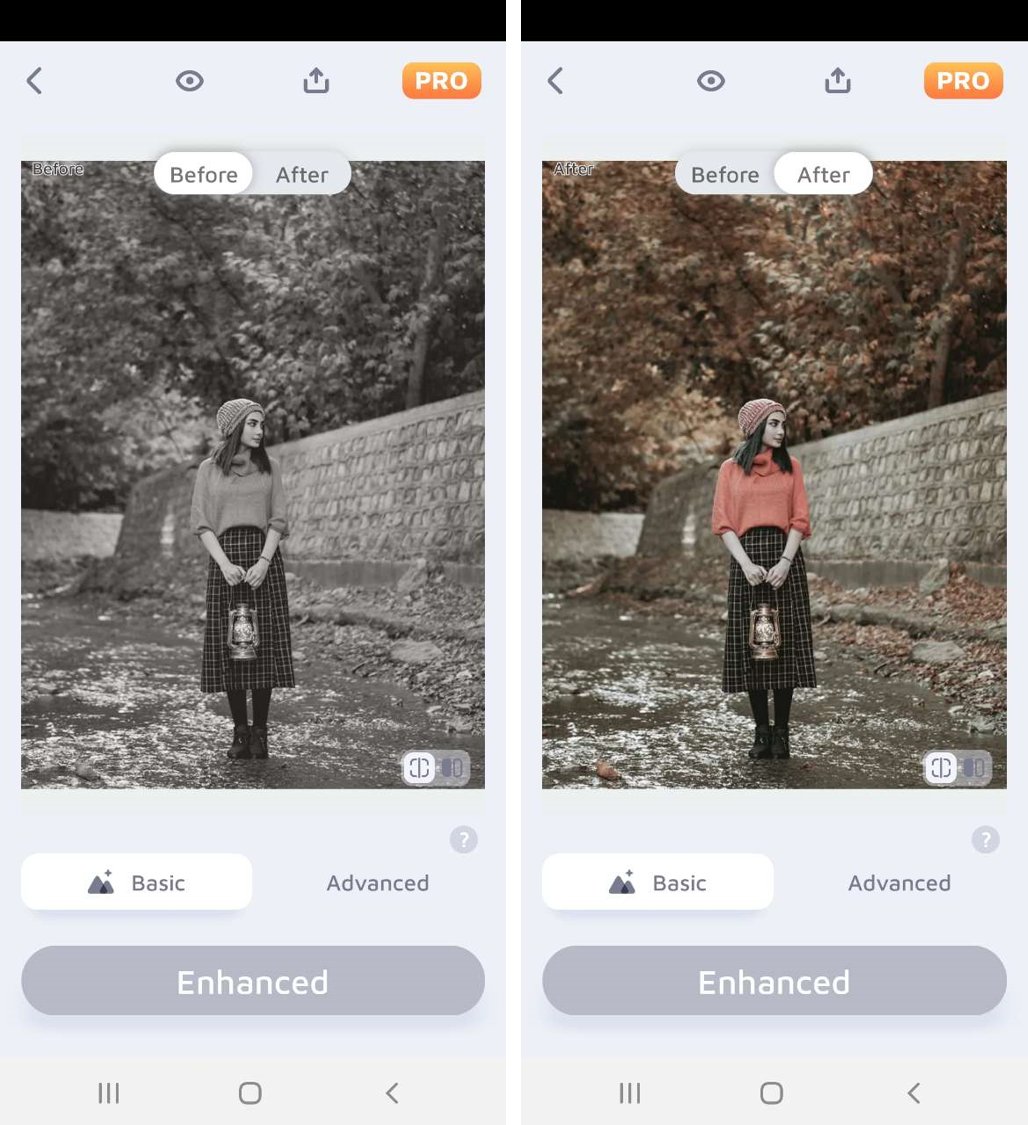 Сравнение Before и After в EnhanceFox с режимами Basic и Advanced