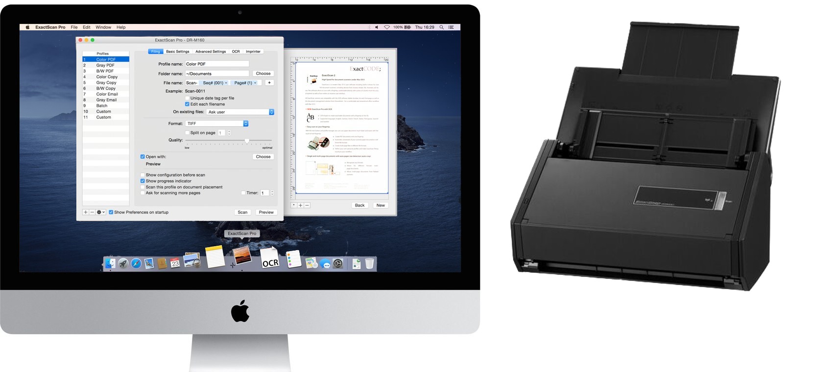 ExactScan Pro на macOS рядом с документным сканером