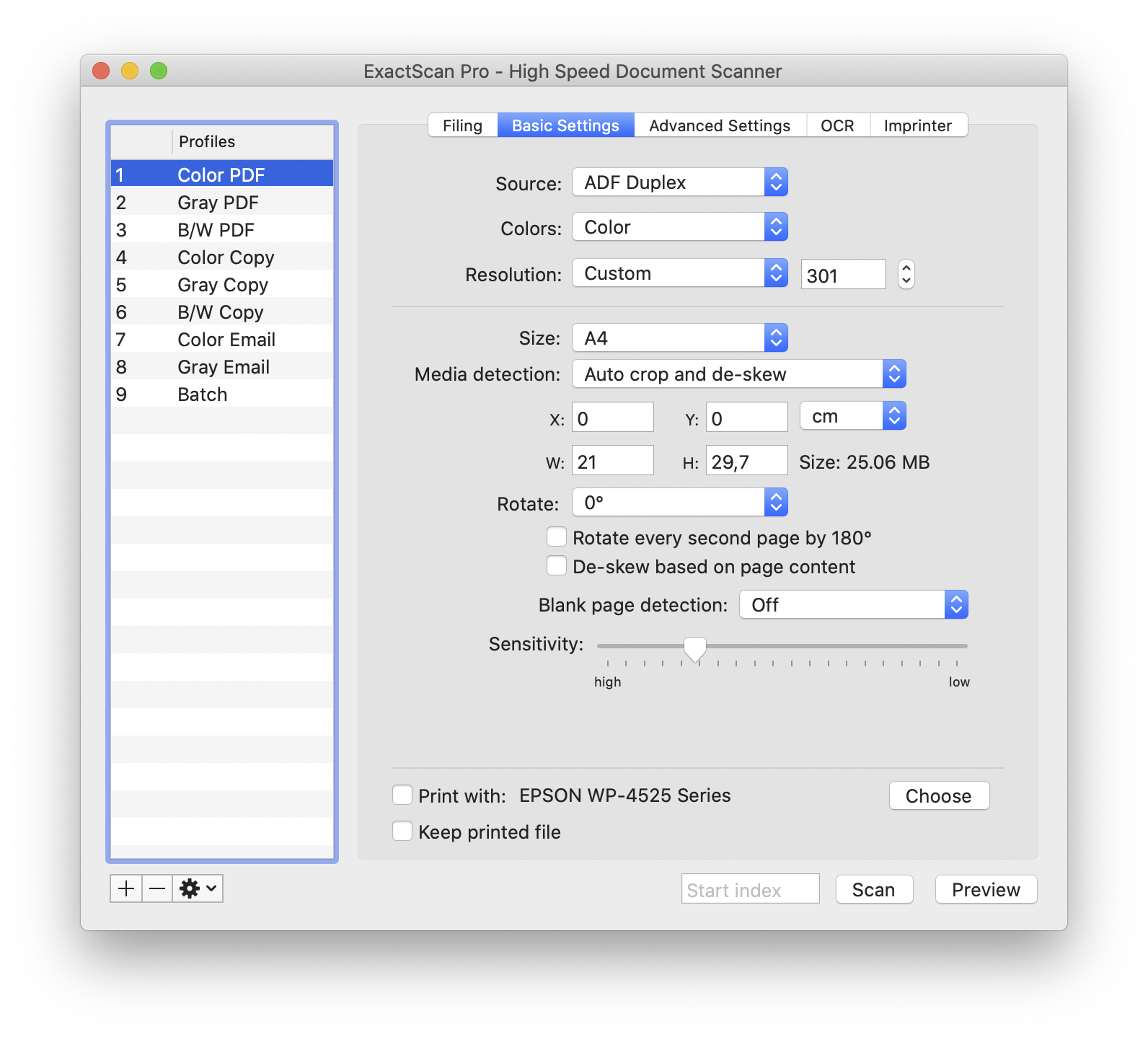 Вкладка Basic Settings с ADF Duplex, DPI и детектором пустых страниц