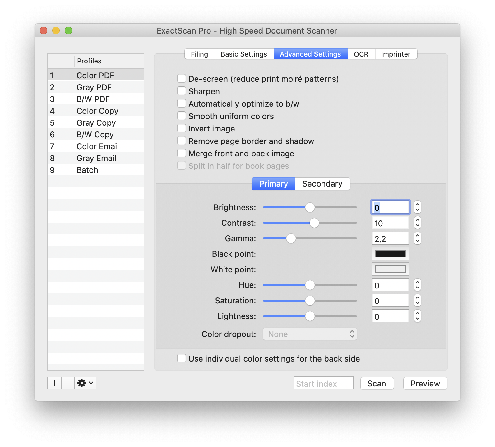 Вкладка Advanced Settings с фильтрами и коррекцией цвета