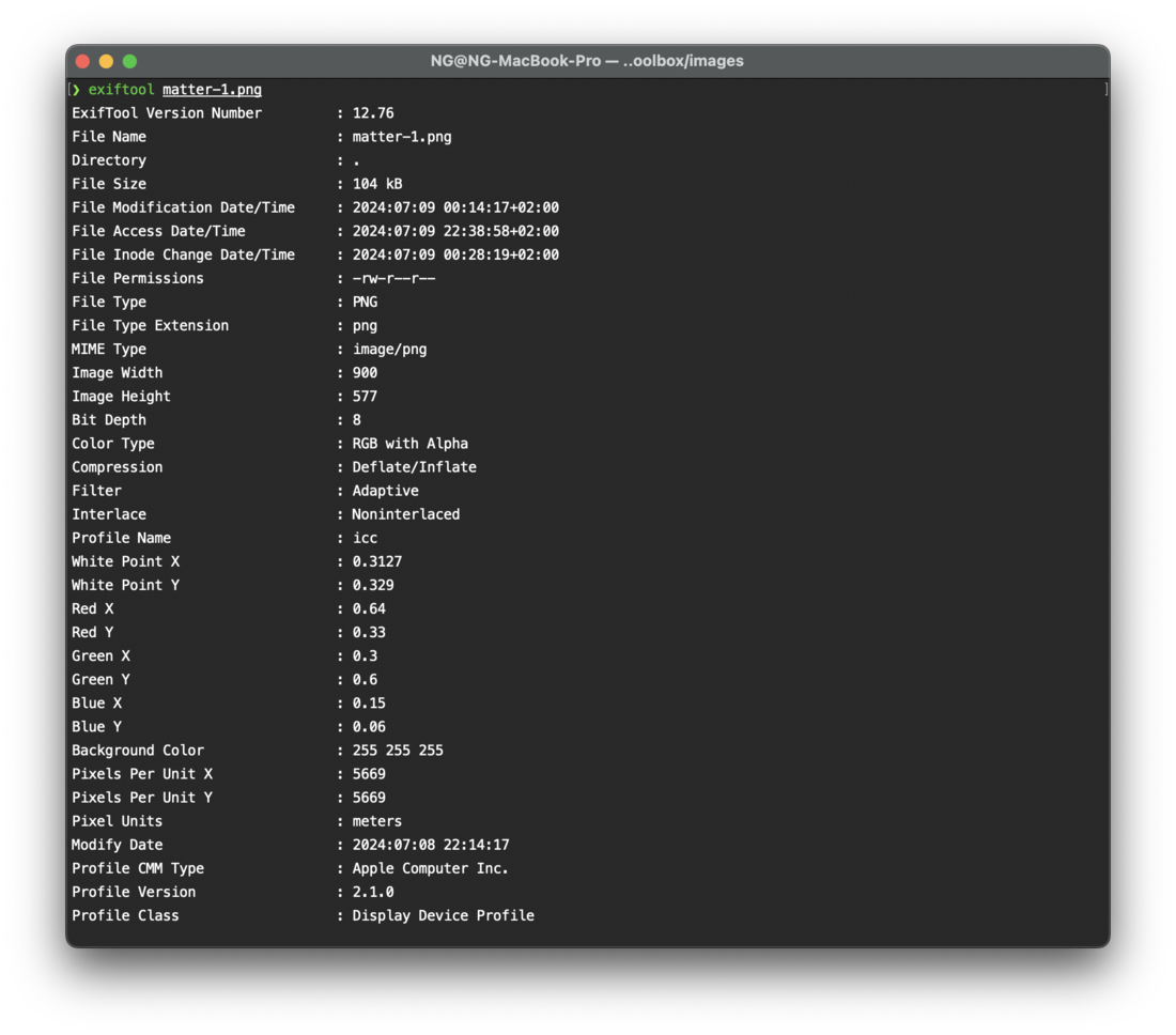 ExifTool в macOS Terminal выводит метаданные PNG-файла matter-1.png