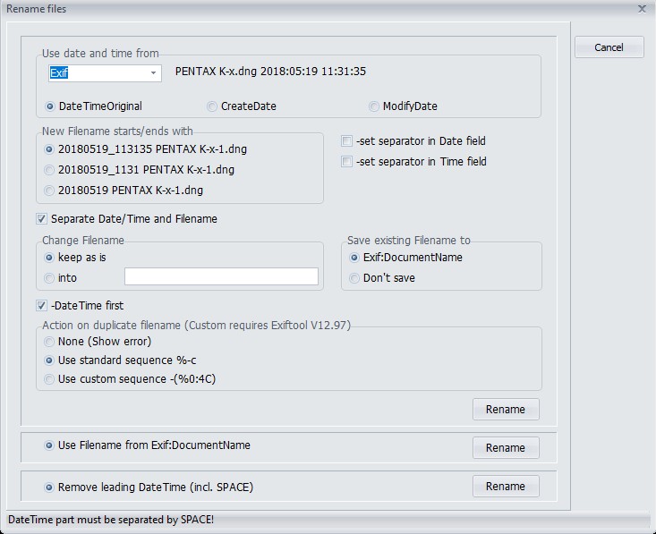 Диалог переименования файлов ExifToolGUI по значениям даты из метаданных