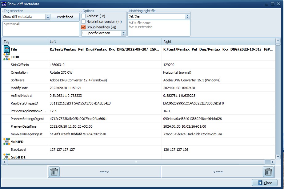 Окно Show diff metadata ExifToolGUI для сравнения метаданных двух сторон