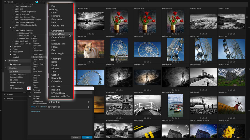 Сетка фотографий Exposure X7 с настройкой фильтра по метаданным, рейтингам и другим полям