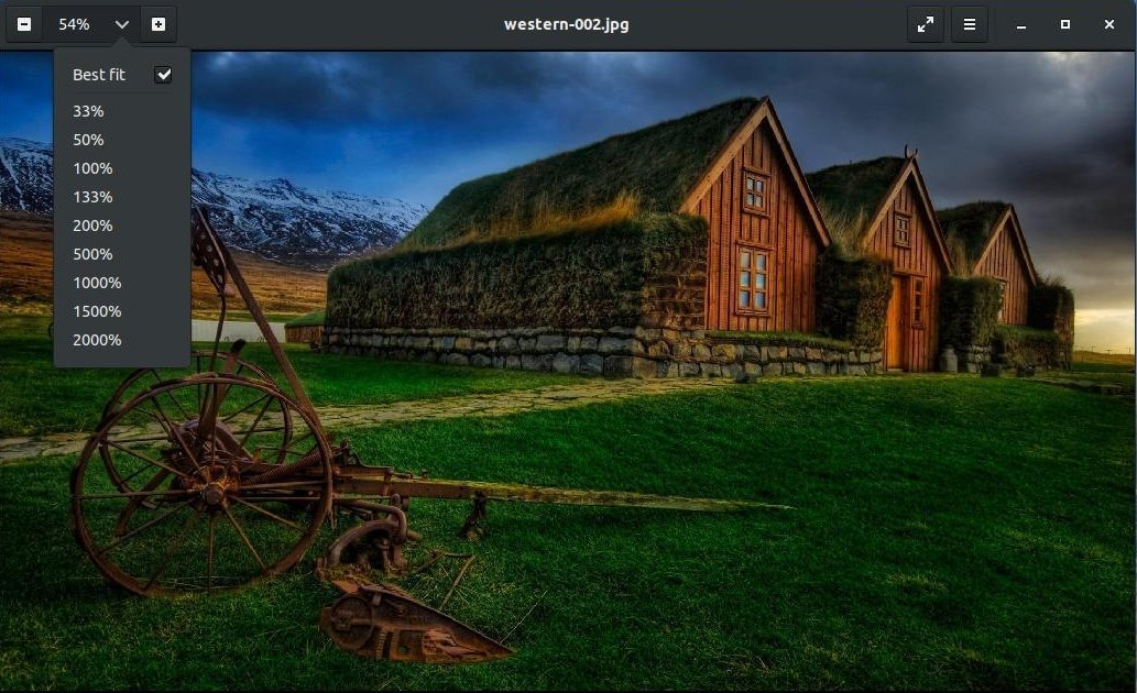 Выпадающий список масштаба Eye of GNOME с режимом Best fit и процентами увеличения