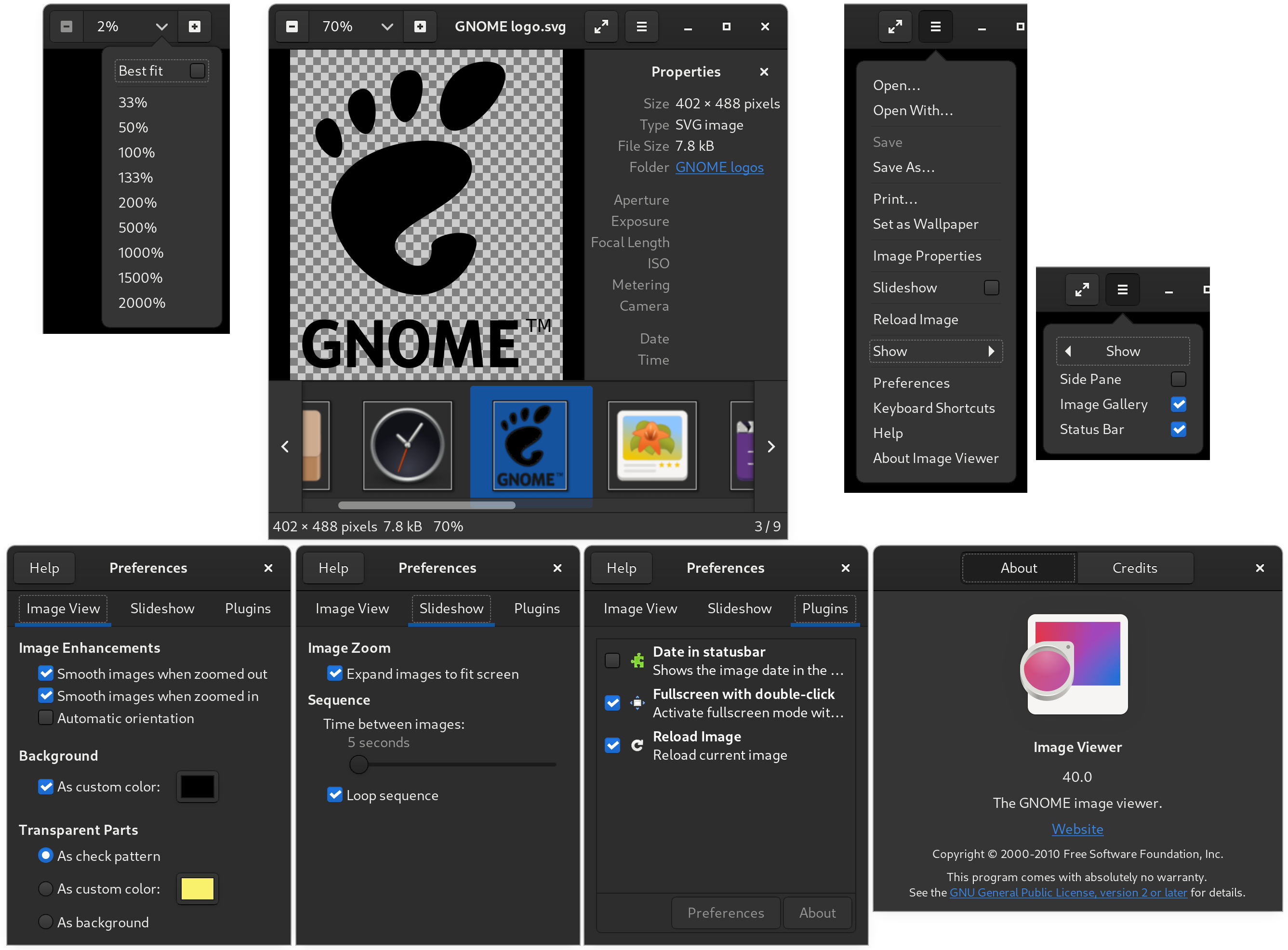 Составной снимок интерфейса Eye of GNOME 40 с меню и вкладками Preferences